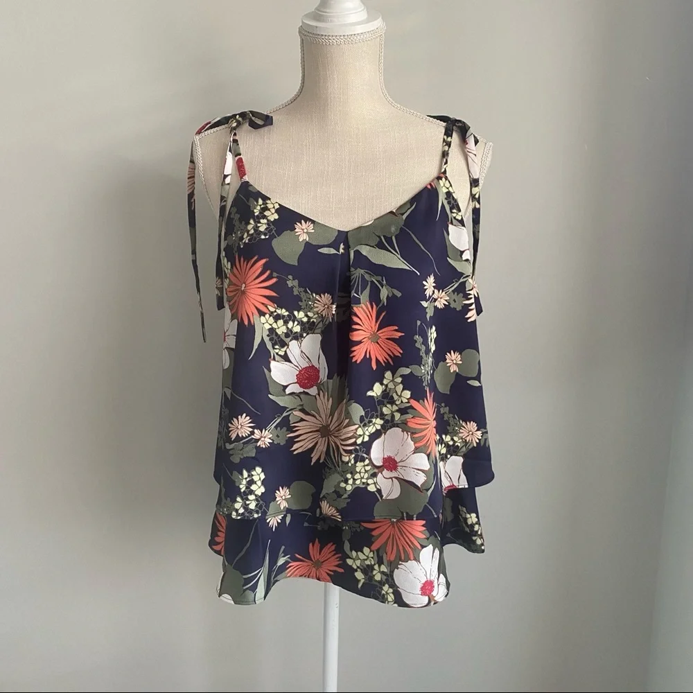 NWT BR Navy Floral Print Tie Shoulder Tiered Top, Size Small - Picture 12 of 16